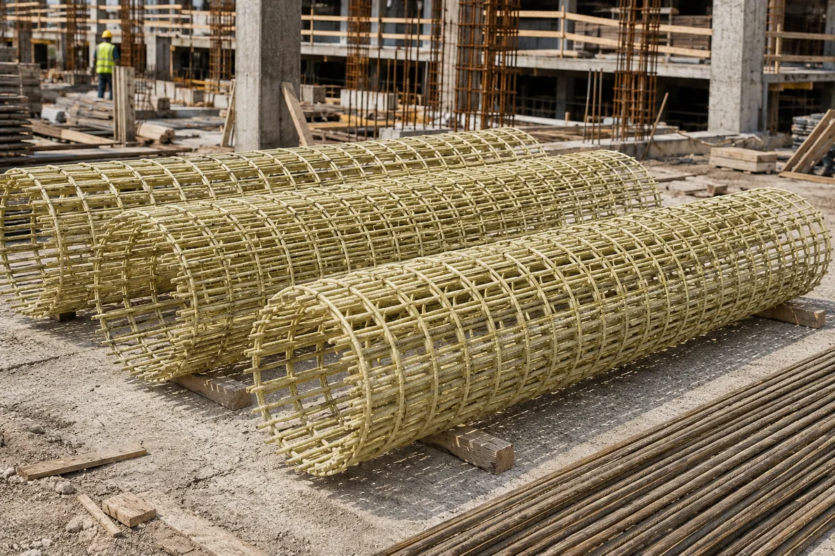 Carcase Rebar GFRP depozitate pe șantier